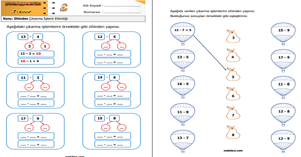 1. Sınıf Matematik Zihinden Çıkarma İşlemi Etkinliği 2