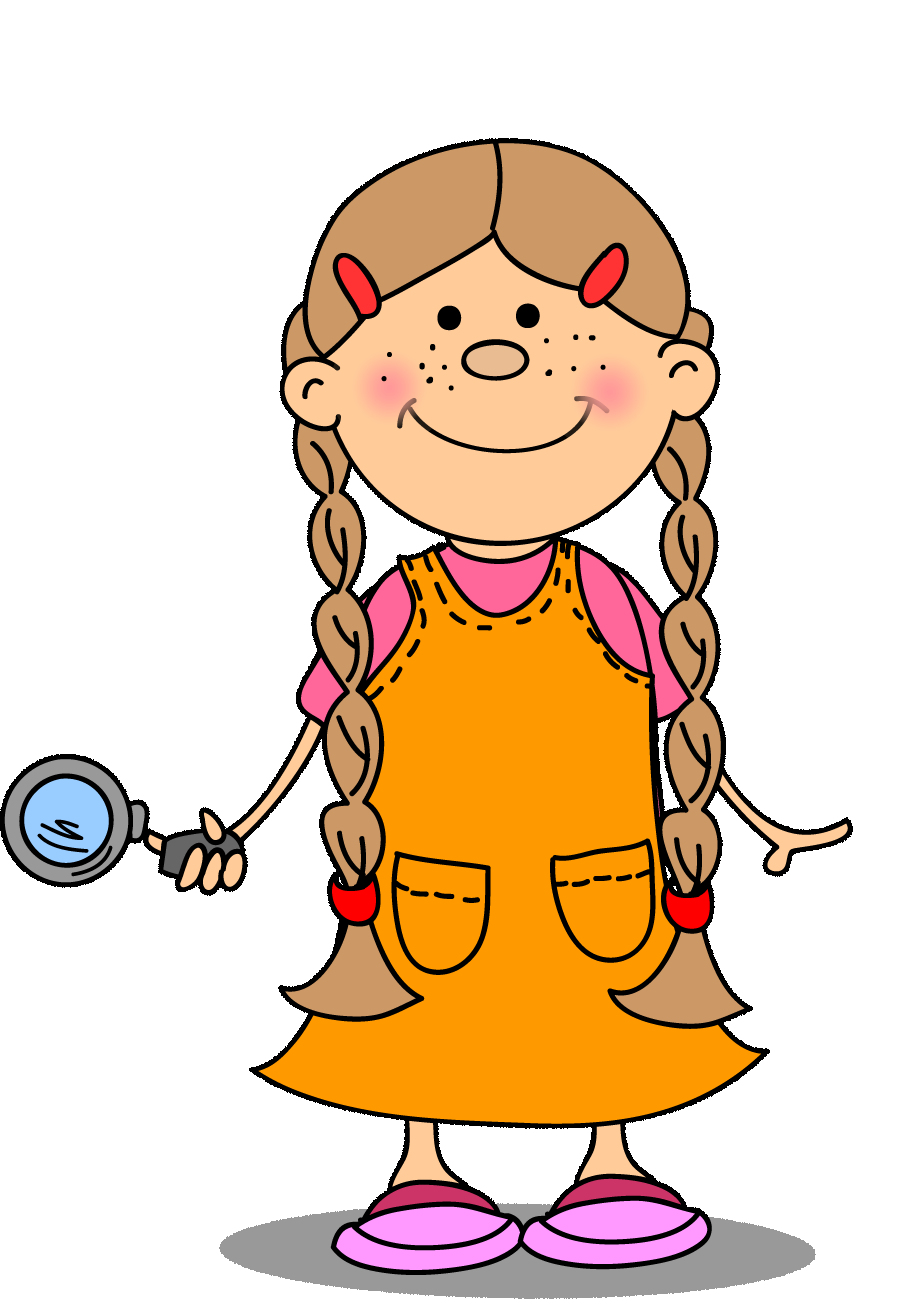 Clipart örgülü saçlı ve büyüteçli kız çocuk resmi png