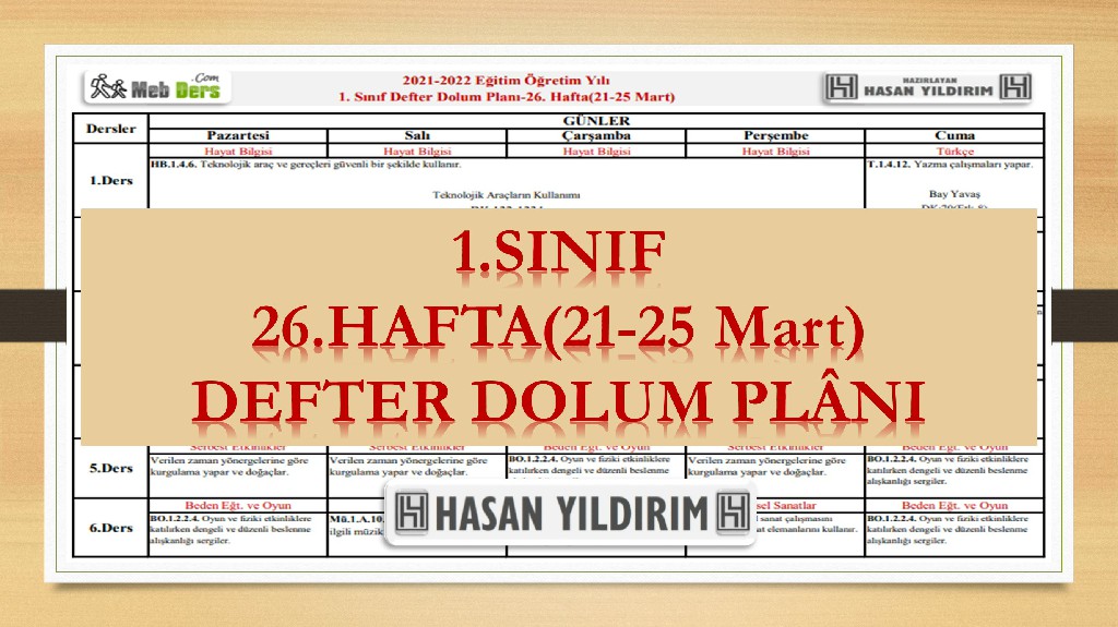 1. Sınıf 26.Hafta(21-25 Mart) Defter Dolum Planı