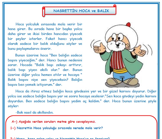 2. Sınıf Türkçe Nasrettin Hoca ve Balık Okuma Anlama Metin Çalışması