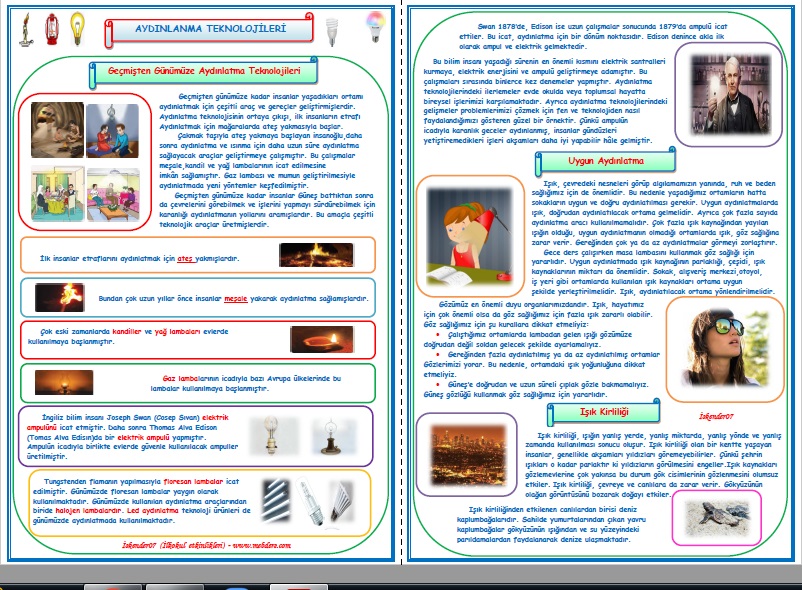 4. Sınıf Fen Bilimleri Geçmişten Günümüze Aydınlatma Teknolojileri Konu Anlatımı ve Etkinlik Çalışması (4 Sayfa)