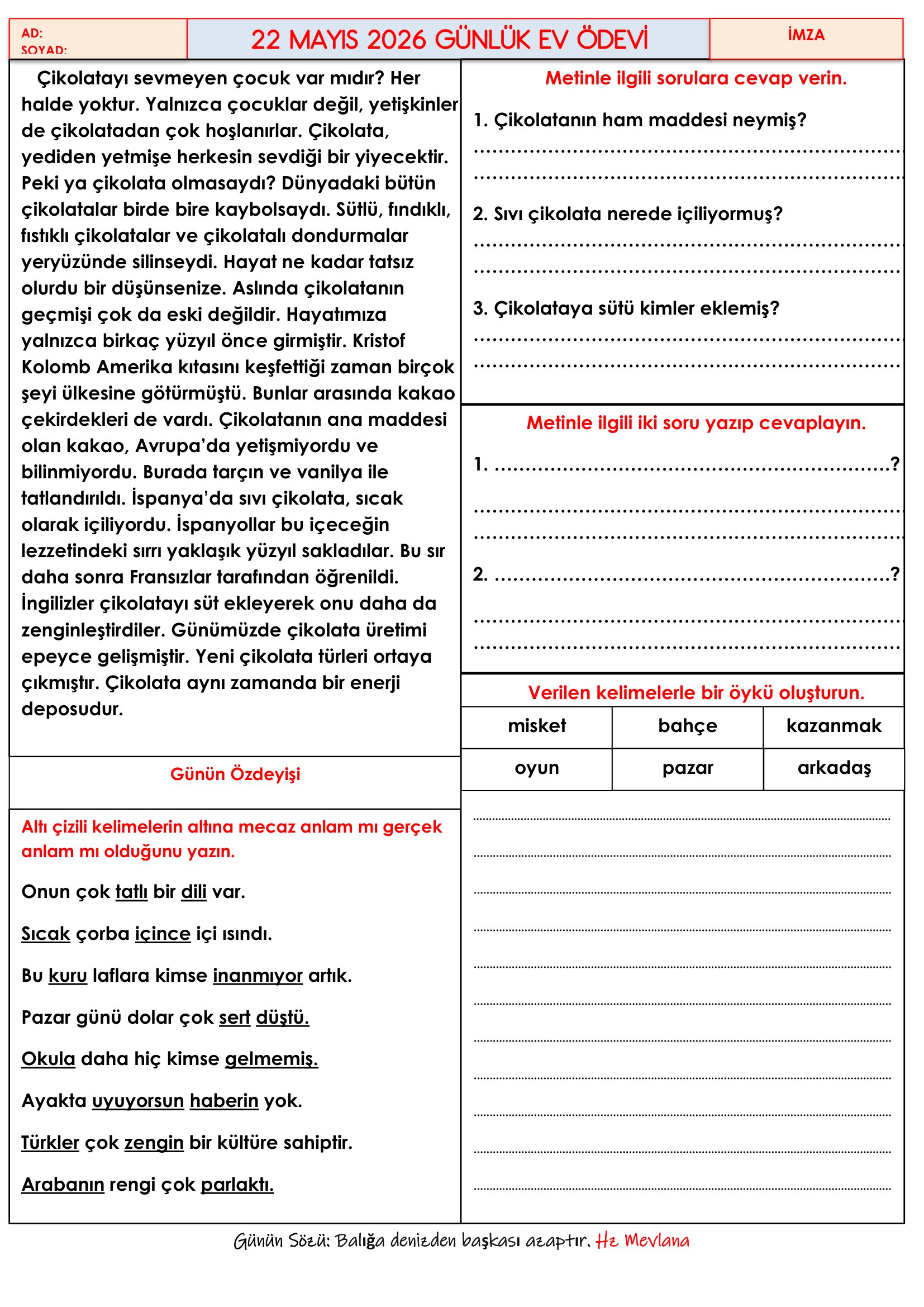 4. Sınıf - 22 Mayıs 2026 Günlük Ev Ödevleri