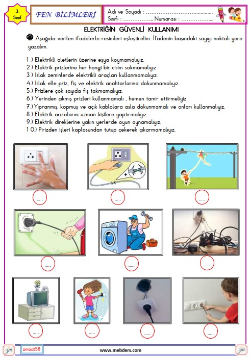 3. Sınıf Fen Bilimleri Elektriğin Güvenli Kullanımı Etkinliği 8
