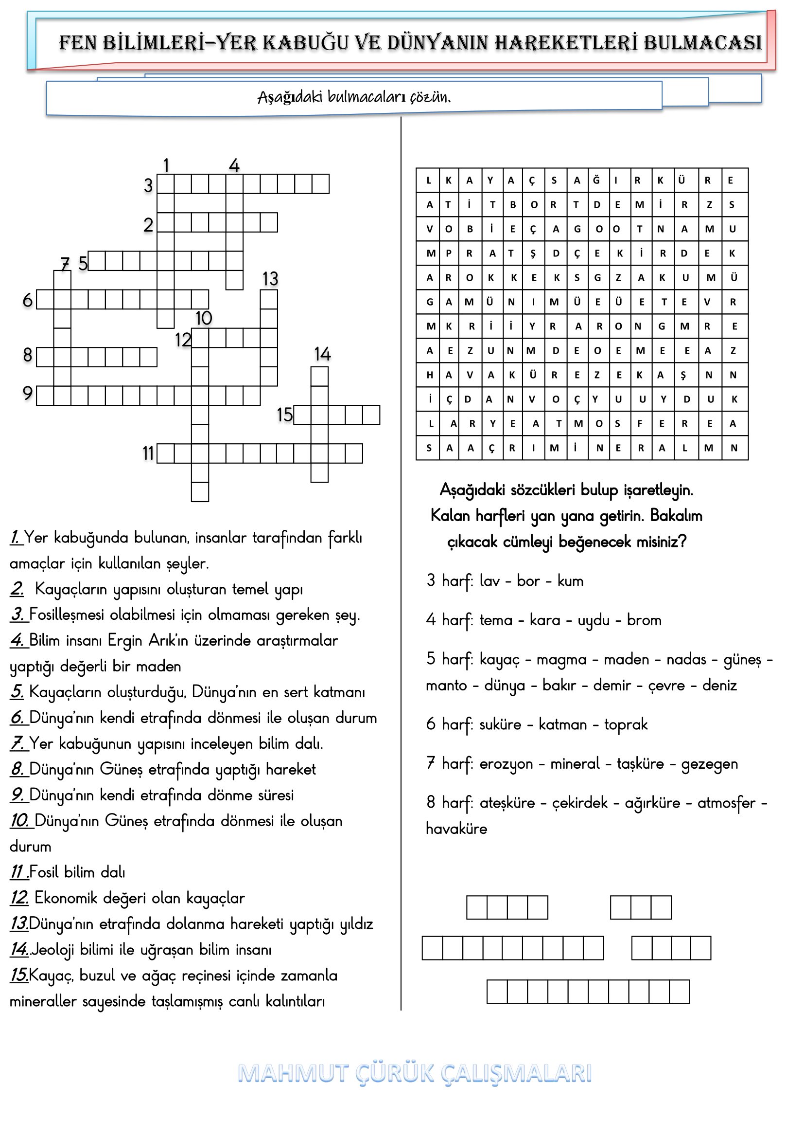 4. Sınıf - Fen Bilimleri Yer Kabuğu ve Dünyamızın Hareketleri Bulmacası
