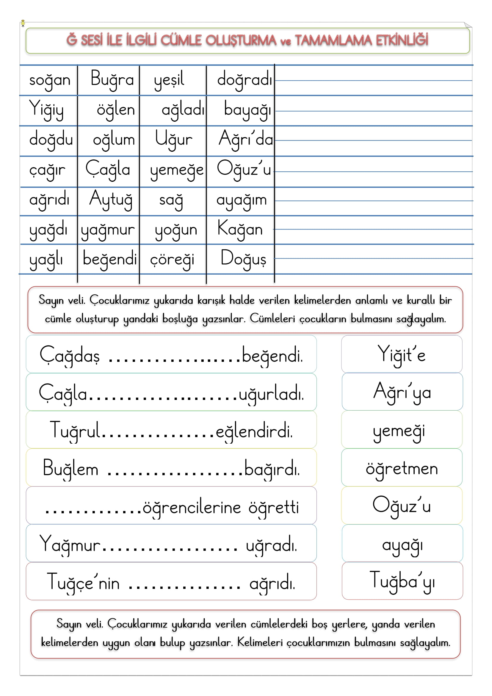 1. Sınıf İlk Okuma Yazma Ğ-ğ Sesi Cümle Oluşturma ve Tamamlama Etkinliği