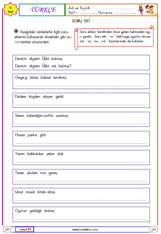 4. Sınıf Türkçe Soru Eki Etkinliği