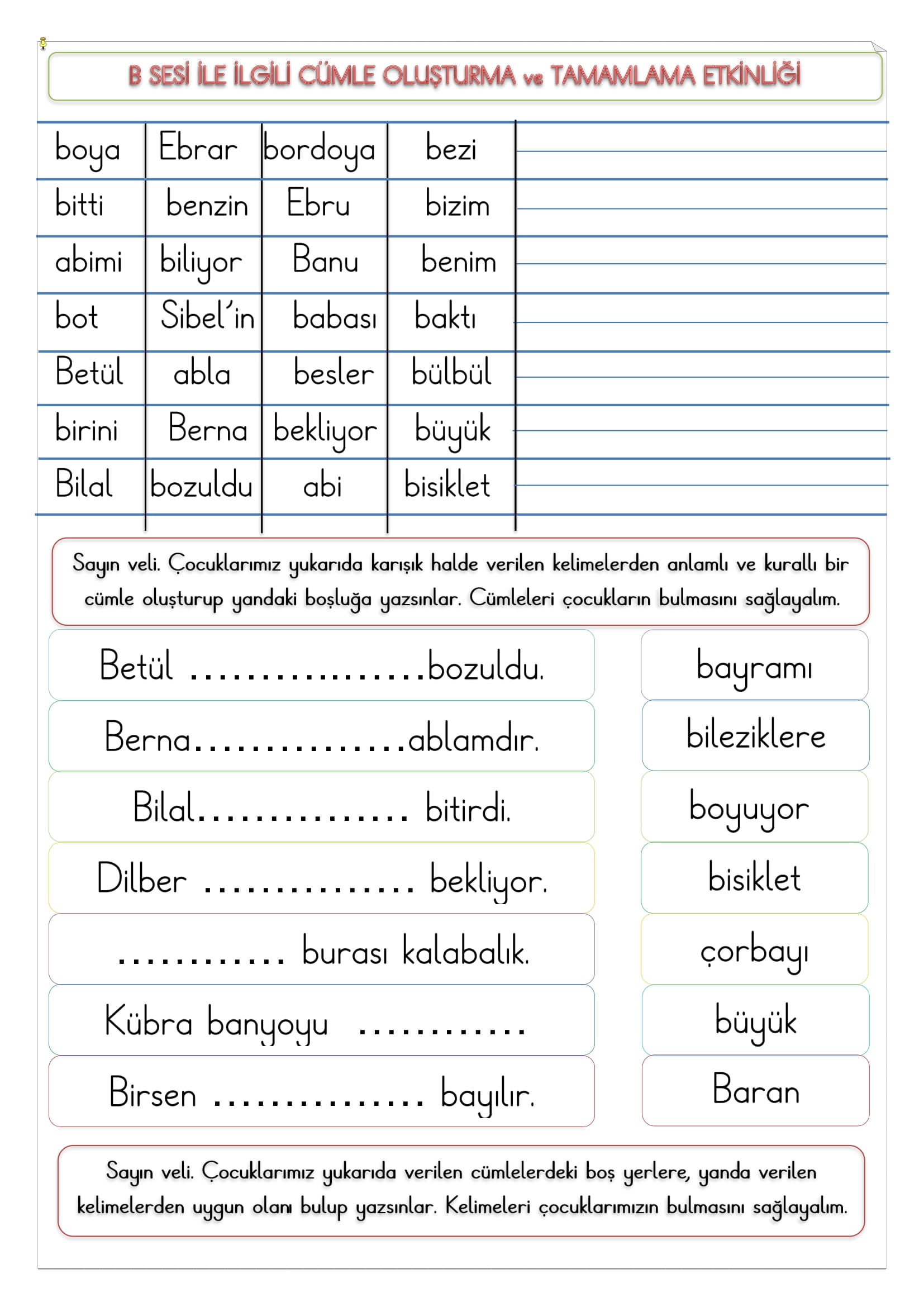 1. Sınıf İlk Okuma Yazma B Sesi Cümle Oluşturma ve Tamamlama Etkinliği