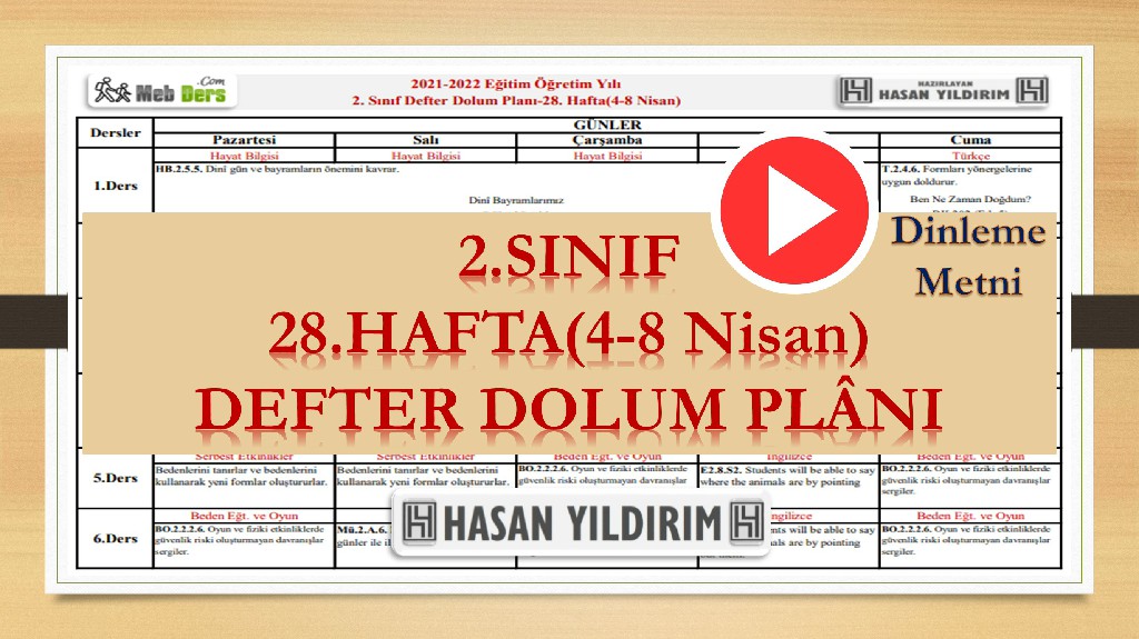 2. Sınıf 28.Hafta(4-8 Nisan) Defter Dolum Planı