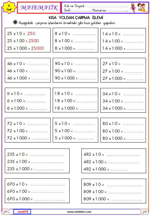 4. Sınıf Matematik Kısa Yoldan ( 5 ve 50 İle) Çarpma İşlemi Etkinliği 6