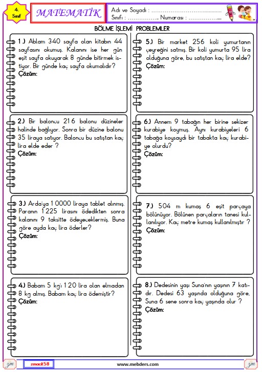 4. Sınıf Matematik Bölme İşlemi Problemler Etkinliği 2