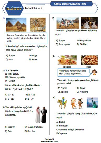 4. Sınıf Sosyal Bilgiler Farklı Kültürler Kazanım Testi 2