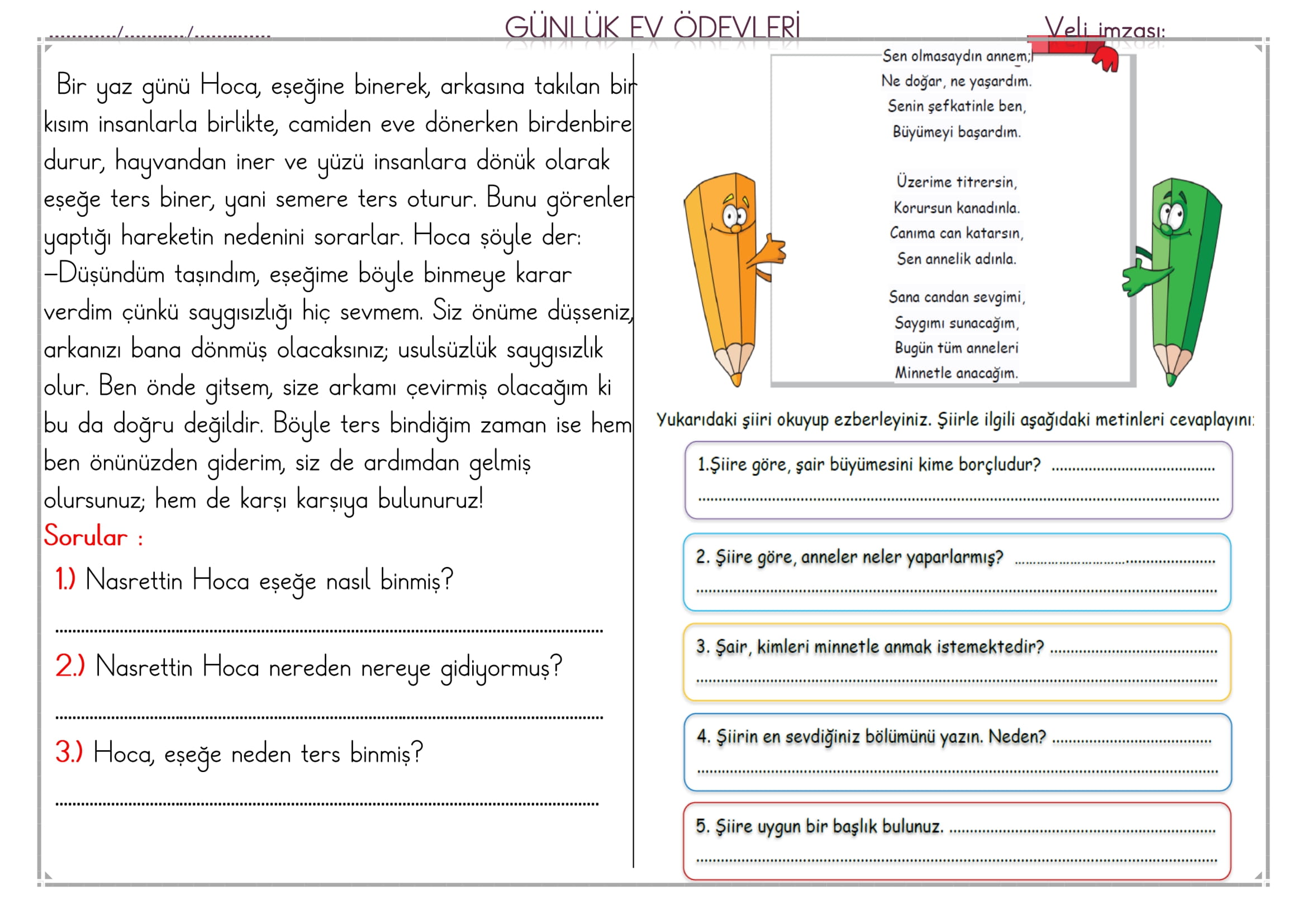1. Sınıf 08 Mayıs 2025 Günlük Ev Ödevi