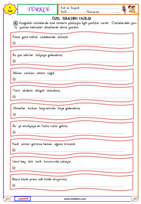 4.. Sınıf Türkçe Özel İsimlerin Yazılışı Etkinliği 7