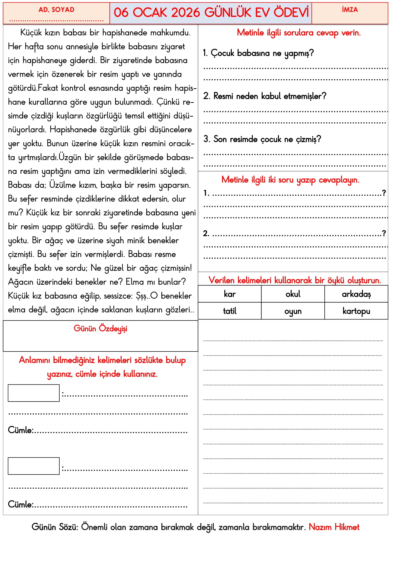 3. Sınıf - 06 Ocak 2026 Günlük Ev Ödevleri