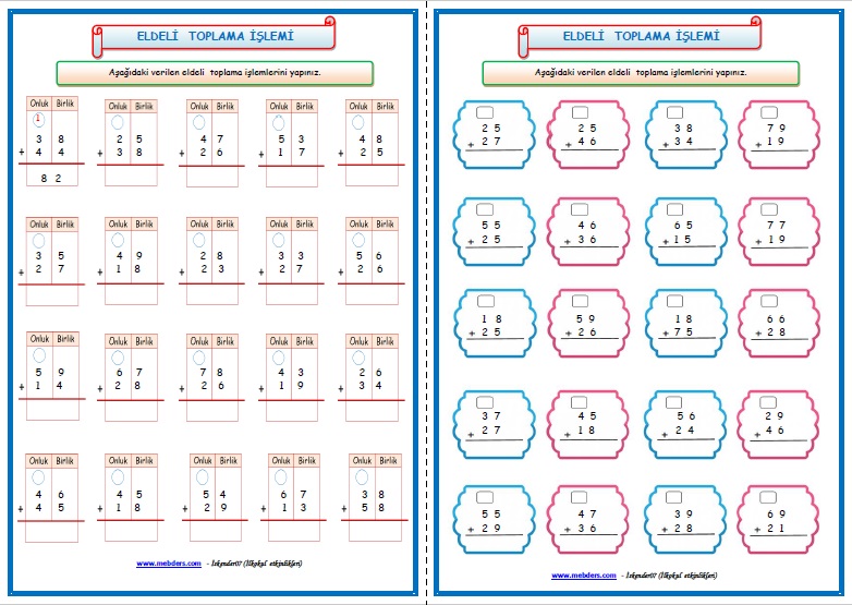 2. Sınıf Matematik Eldesiz ve Eldeli Toplama İşlemi (9 Sayfa)