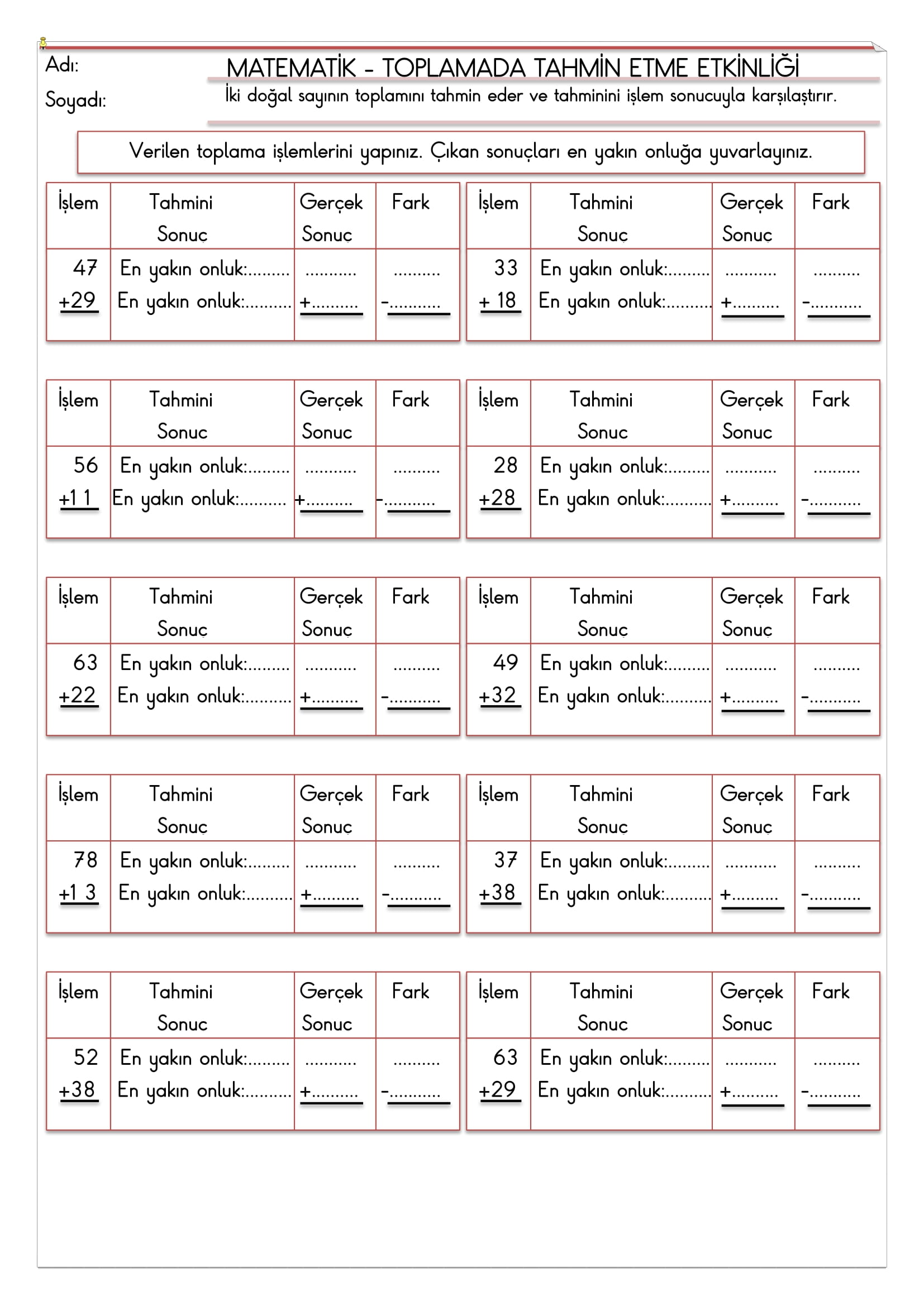 2. Sınıf - Matematik - Toplamada Tahmin Etme Etkinliği