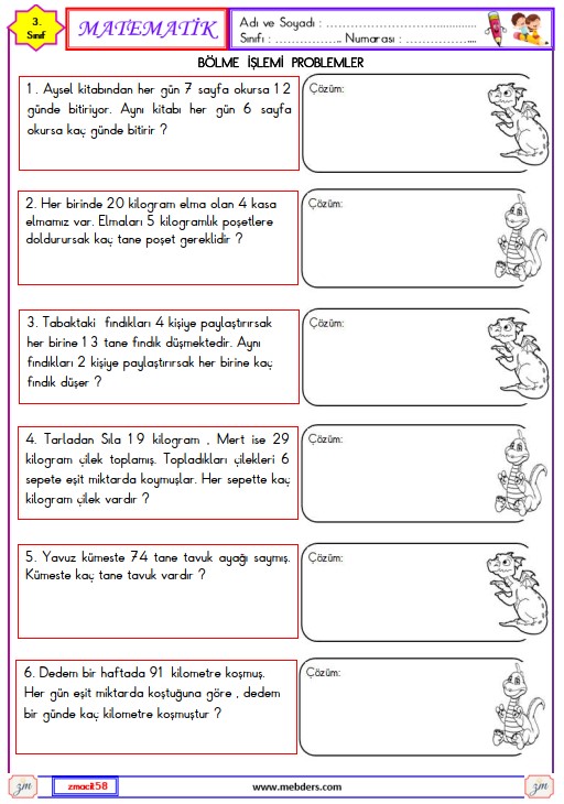 3. Sınıf Matematik Bölme İşlemi Problemler Etkinliği 4