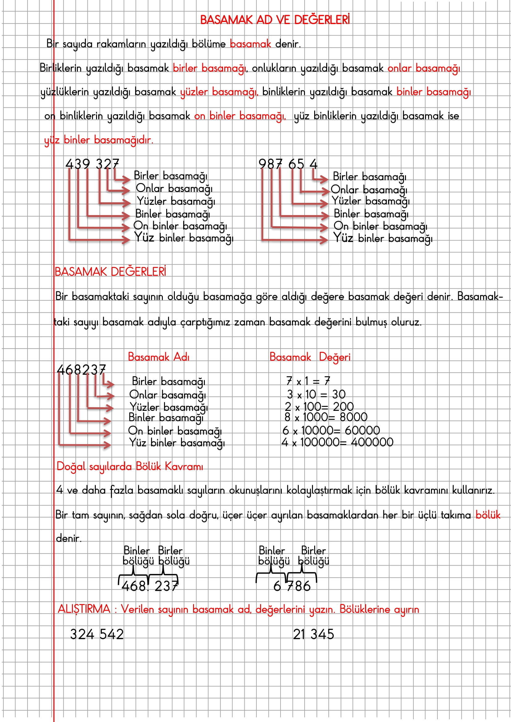 4. Sınıf Matematik Kareli Defterde 4.5.6 Basamaklı Sayıların Basamak Ad ve Değerleri Konu Anlatımı