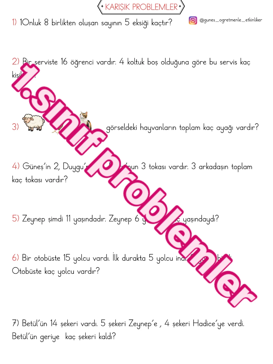 1. Sınıf Matematik Karışık Problemler Çalışması 1