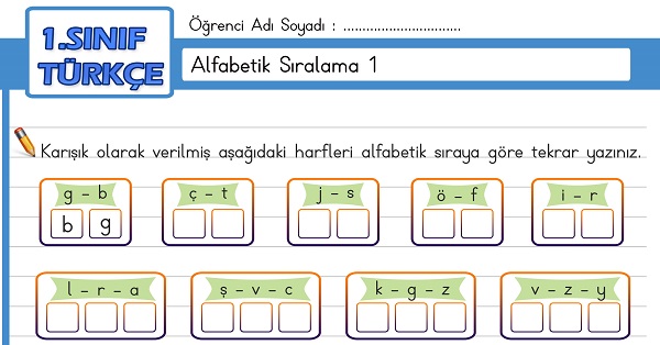 1. Sınıf Türkçe Alfabetik Sıralama Etkinliği 1