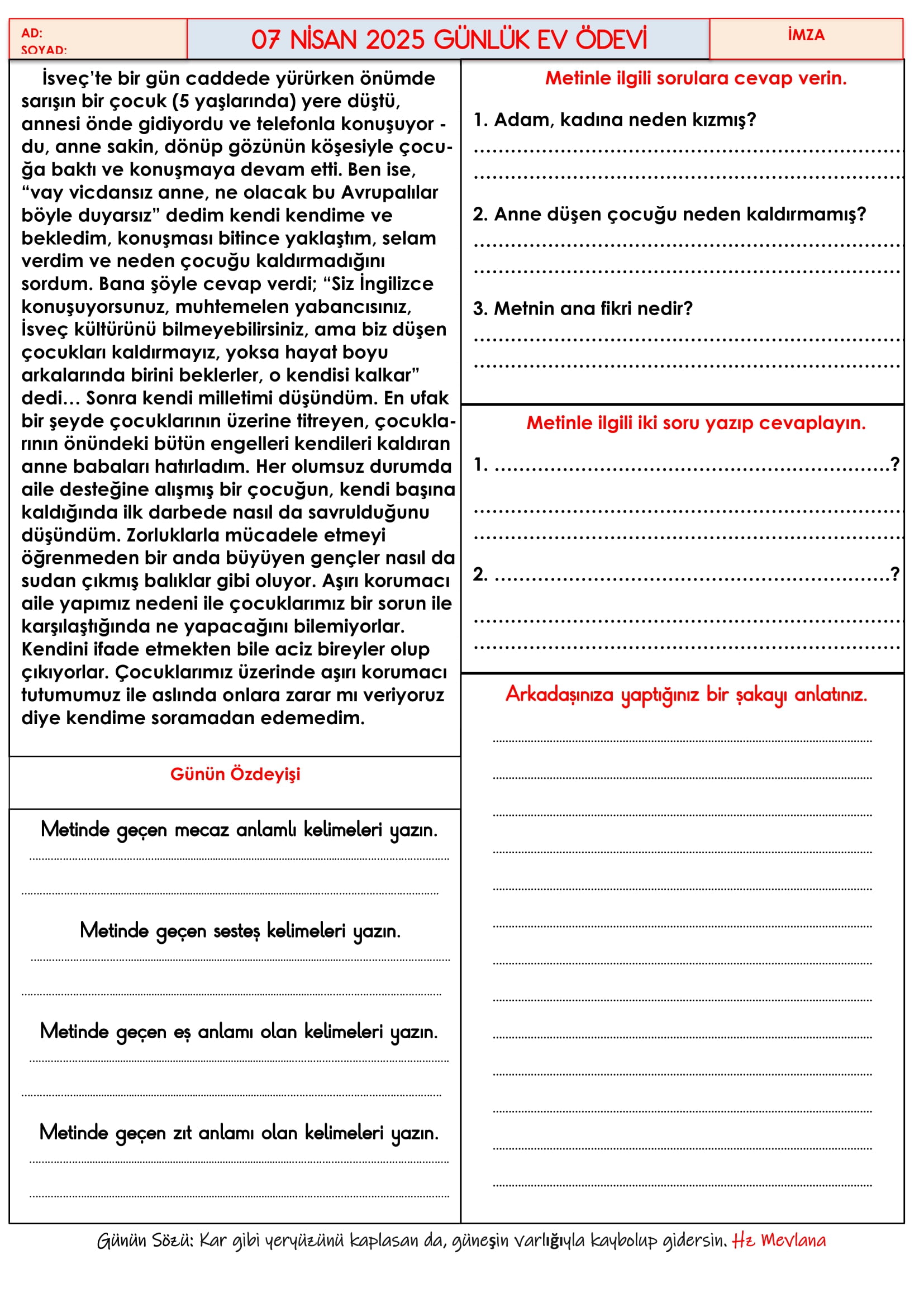 4. Sınıf 07 Nisan 2025 Günlük Ev Ödevi