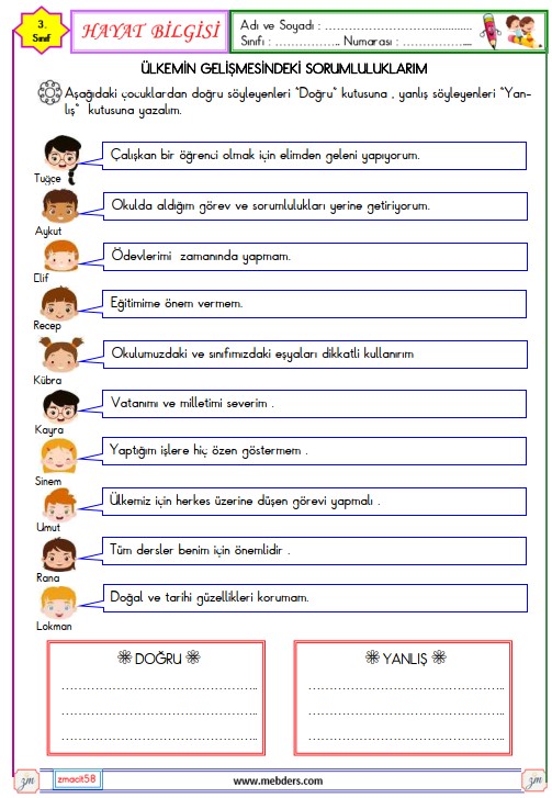 3. Sınıf Hayat Bilgisi Ülkenin Gelişmesindeki Sorumluluklarım Etkinliği 3