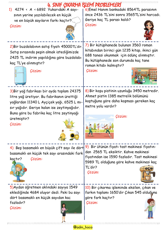 4. Sınıf Matematik Çıkarma İşlemi Problemleri