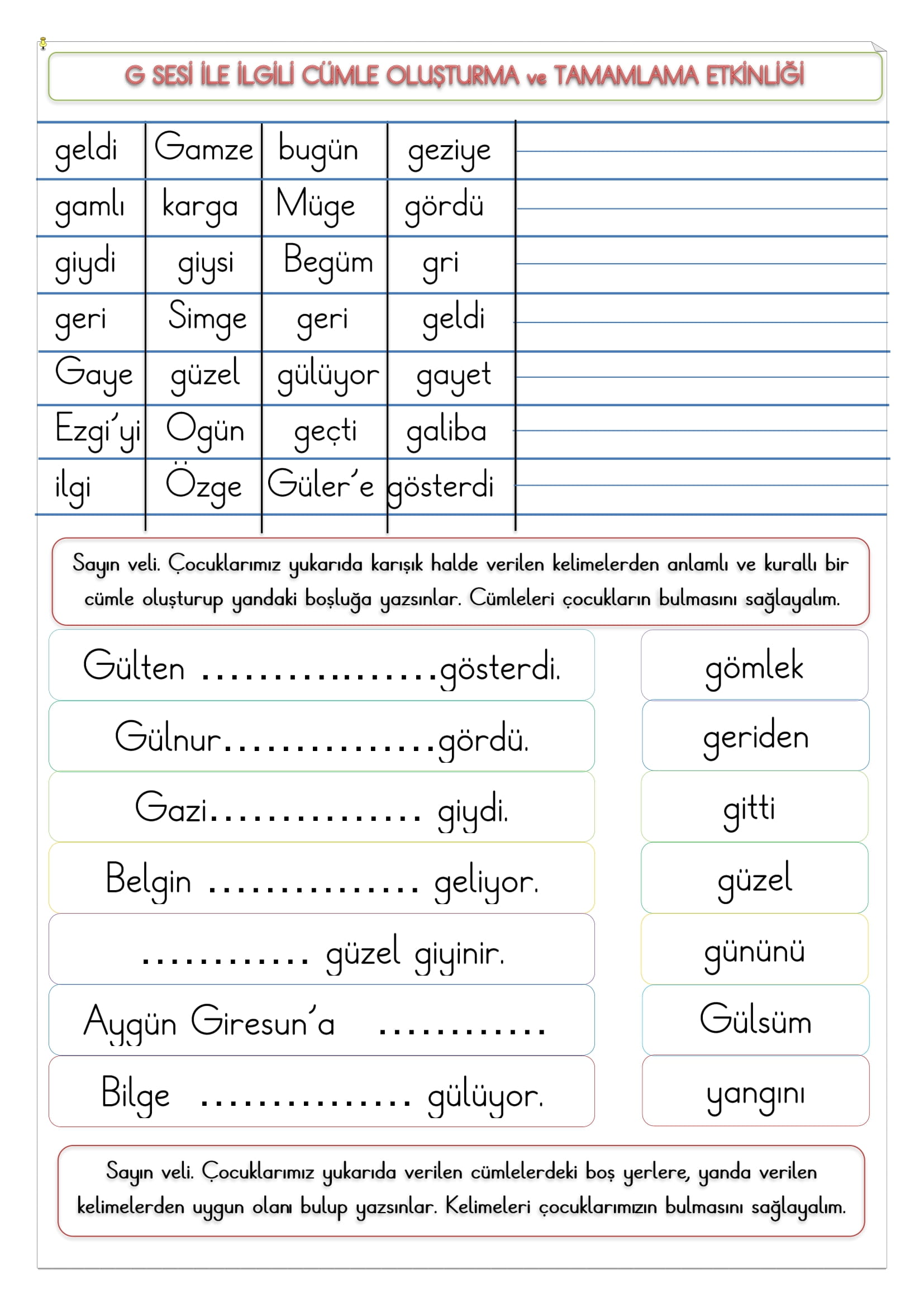 1. Sınıf İlk Okuma Yazma G Sesi Cümle Oluşturma ve Tamamlama Etkinliği