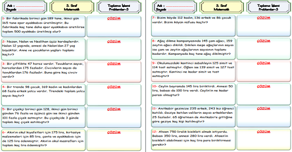 3. Sınıf Matematik Toplama İşlemi Problemleri-3