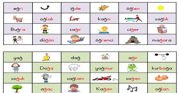 1. Sınıf İlk Okuma Yazma Ğ-ğ Sesi Okuma Tombalası
