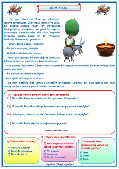 2. Sınıf Türkçe Nasrettin Hoca Mum Ateşi Okuma Anlama Metin Çalışması 26