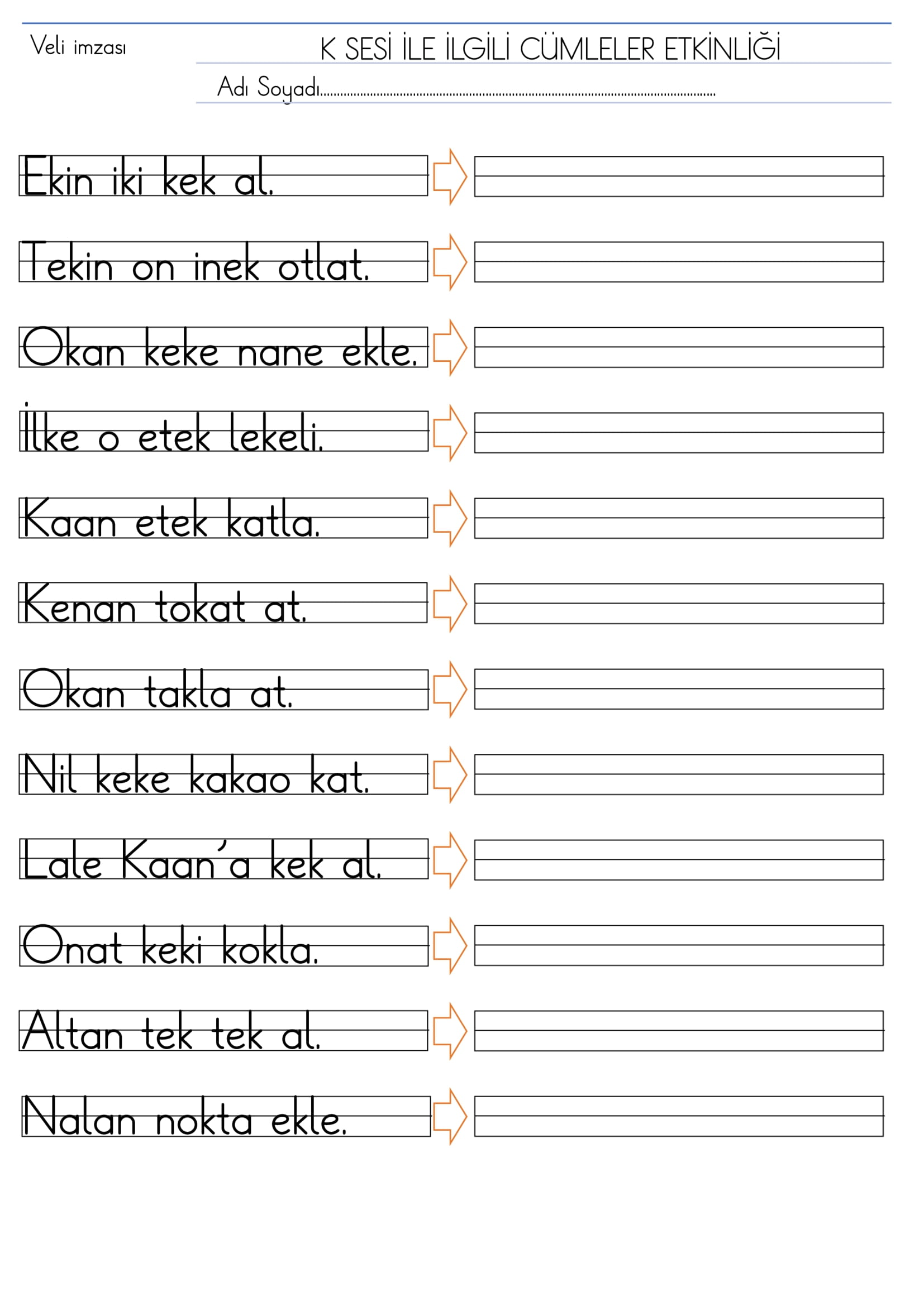 1. Sınıf İlk Okuma Yazma K Sesi Cümleler Etkinliği