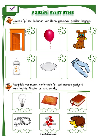 1. Sınıf İlkokuma P Sesi Ayırt Etme Etkinliği