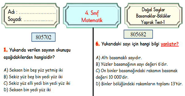 4. Sınıf Matematik Doğal Sayılarda Bölükler-Basamaklar Yaprak Test