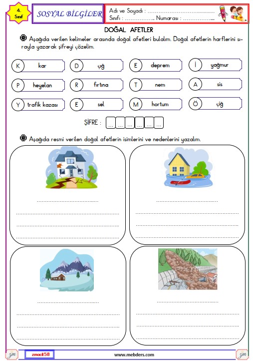 4. Sınıf Sosyal Bilgiler Doğal Afetler Etkinliği 1