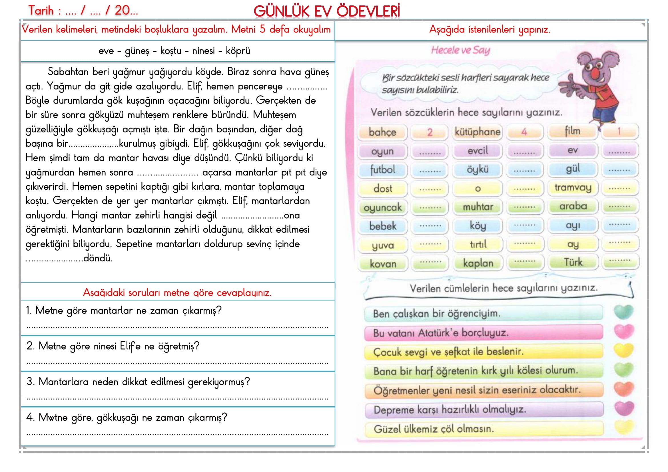 2. Sınıf 11 Mart 2025 Günlük Ev Ödevi