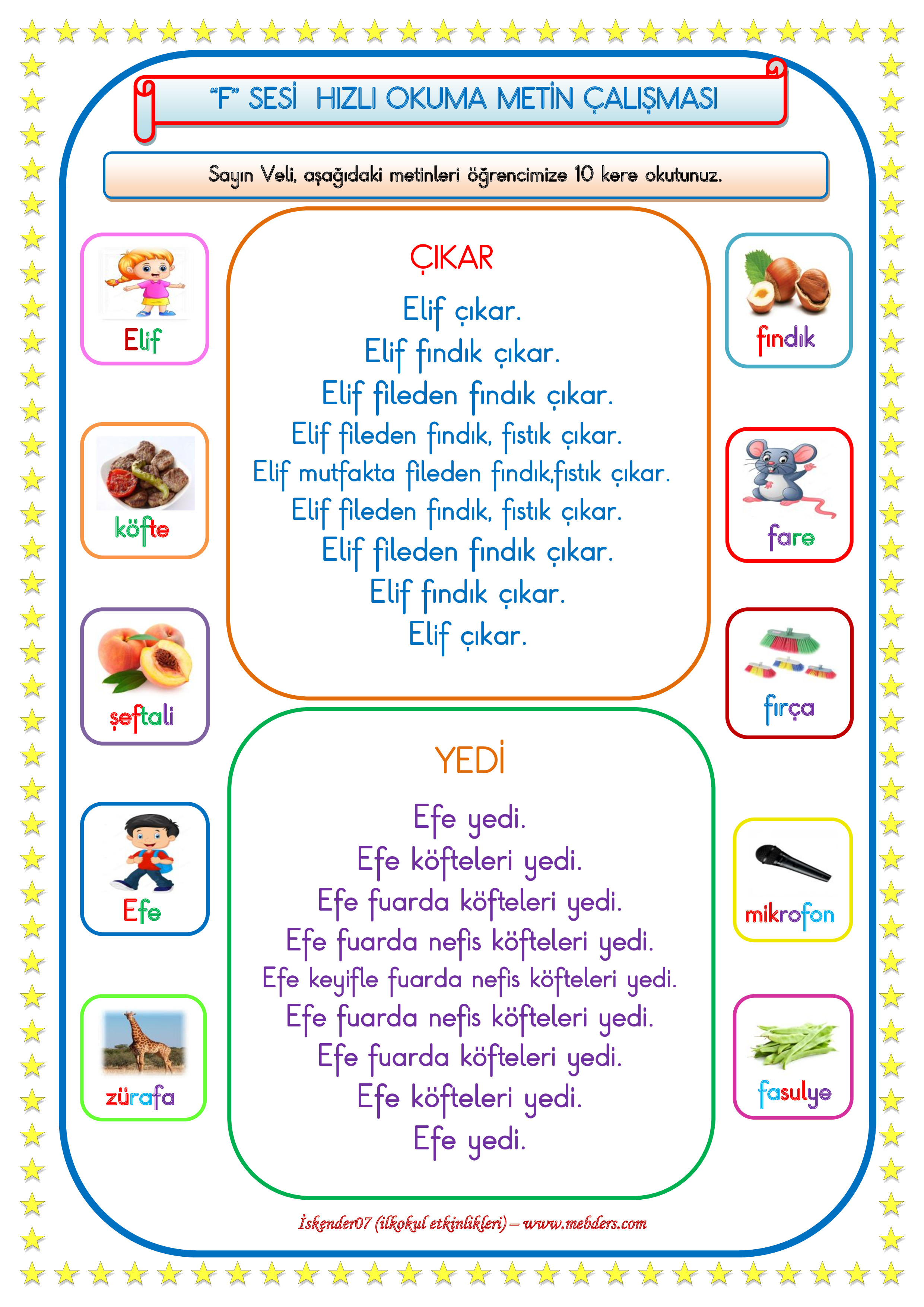 1. Sınıf F-f Sesi Hızlı Okuma Çalışması ( Karesel Metin)