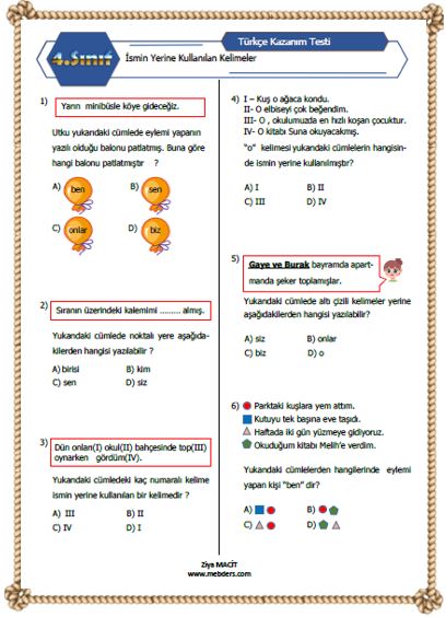 4. Sınıf Türkçe İsmin Yerine Kullanılan Kelimeler Kazanım Testi
