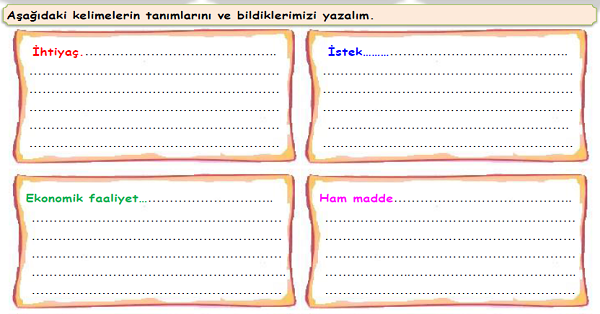 4. Sınıf Sosyal Bilgiler Üretim, Dağıtım ve Tüketim Ünitesi Kavramlar Etkinliği