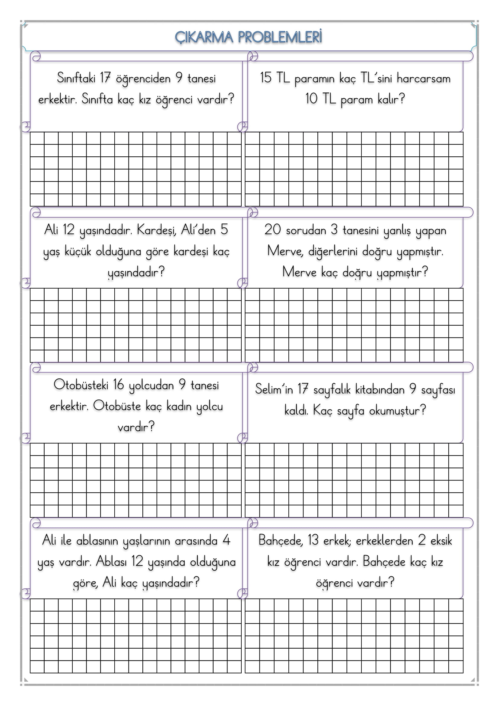 1. Sınıf - Matematik Çıkarma Problemleri