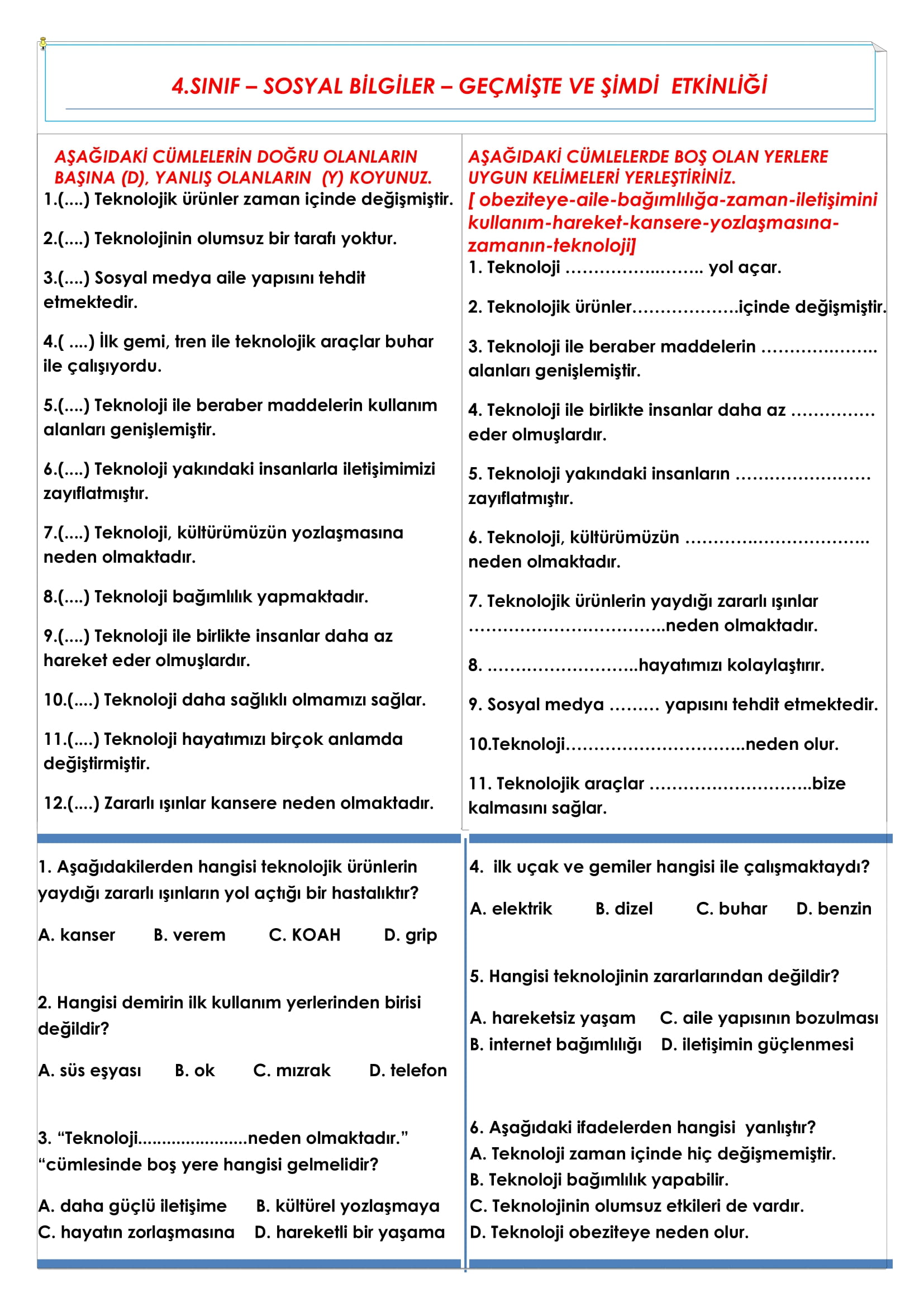4. Sınıf - Sosyal Bilgiler - Geçmişte ve Şimdi Etkinliği