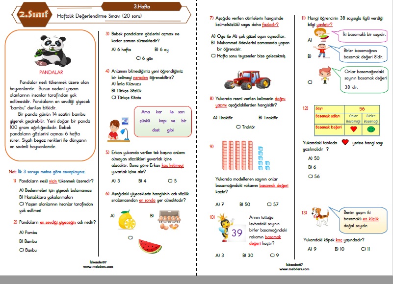 2. Sınıf Haftalık Değerlendirme Testi - 3.Hafta (26-30 Eylül)
