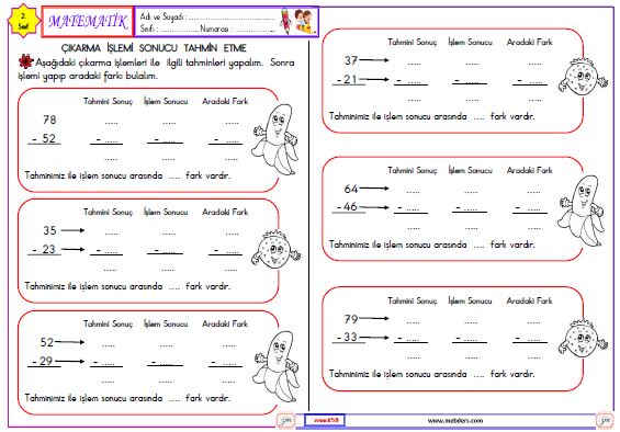 2. Sınıf Matematik Çıkarma İşleminin Sonucunu Tahmin Etme Etkinliği 2