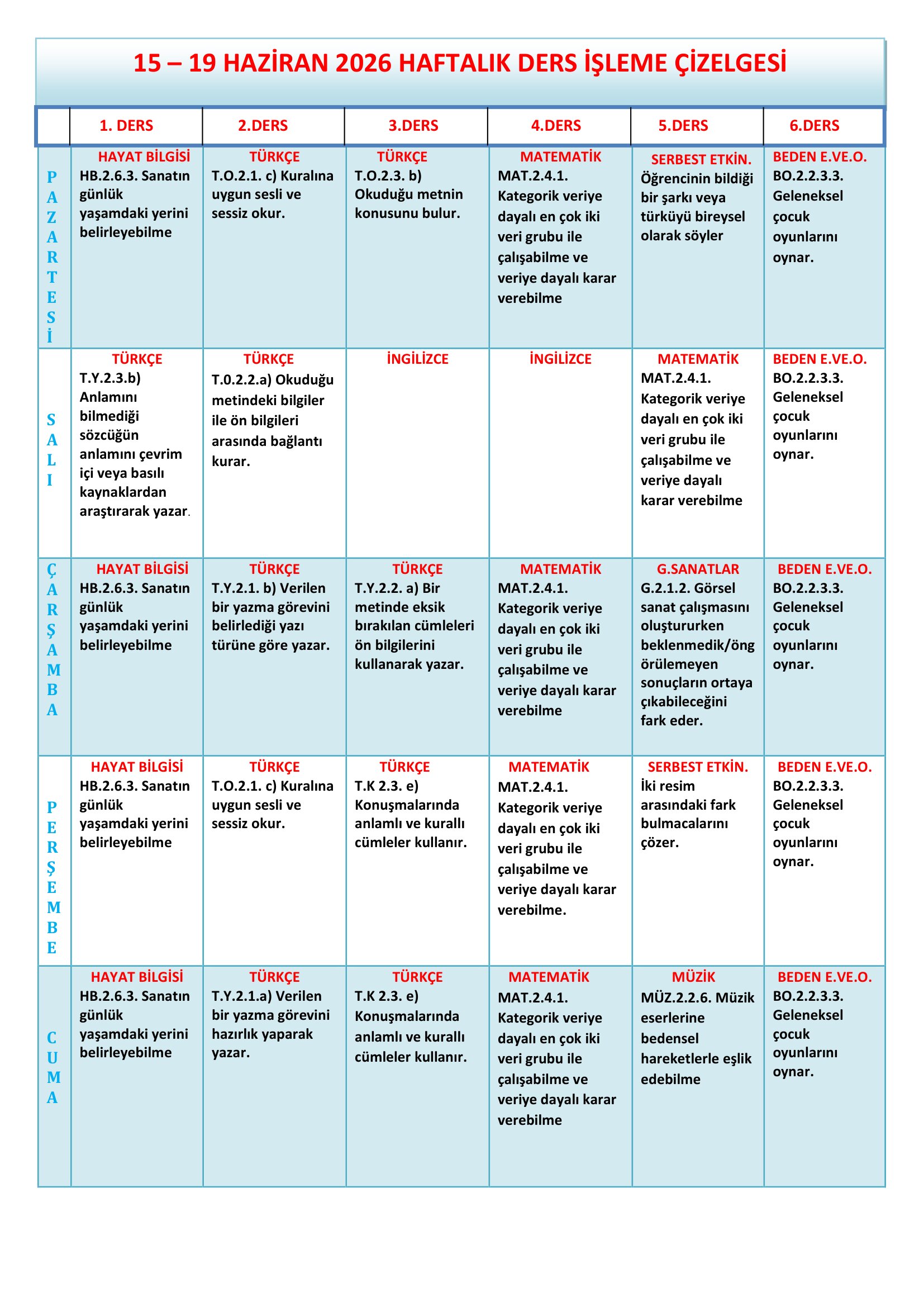 2. Sınıf 15 - 19 Haziran 2026 Haftalık Ders İşleme Çizelgesi.doc