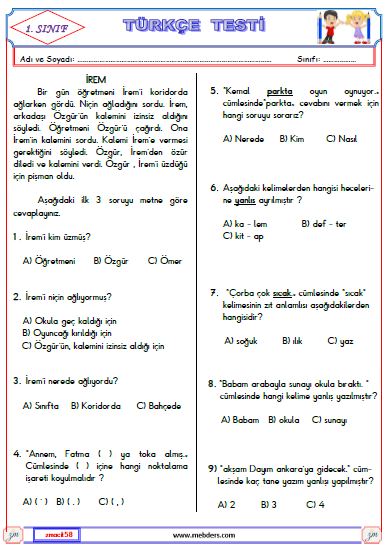 1. Sınıf Türkçe Test 1