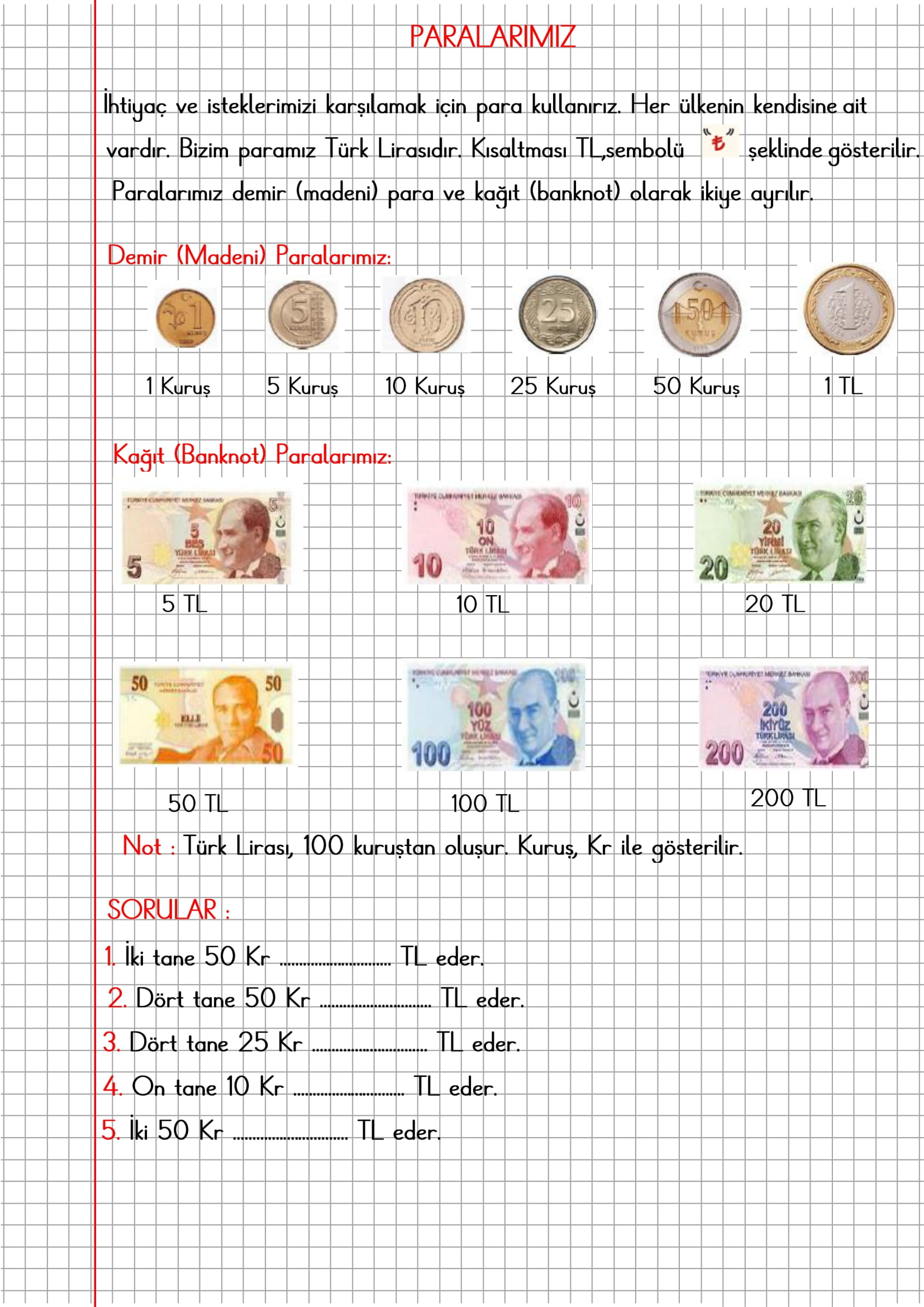 1. Sınıf Matematik Kareli Defterde Paralarımız Konu Özeti