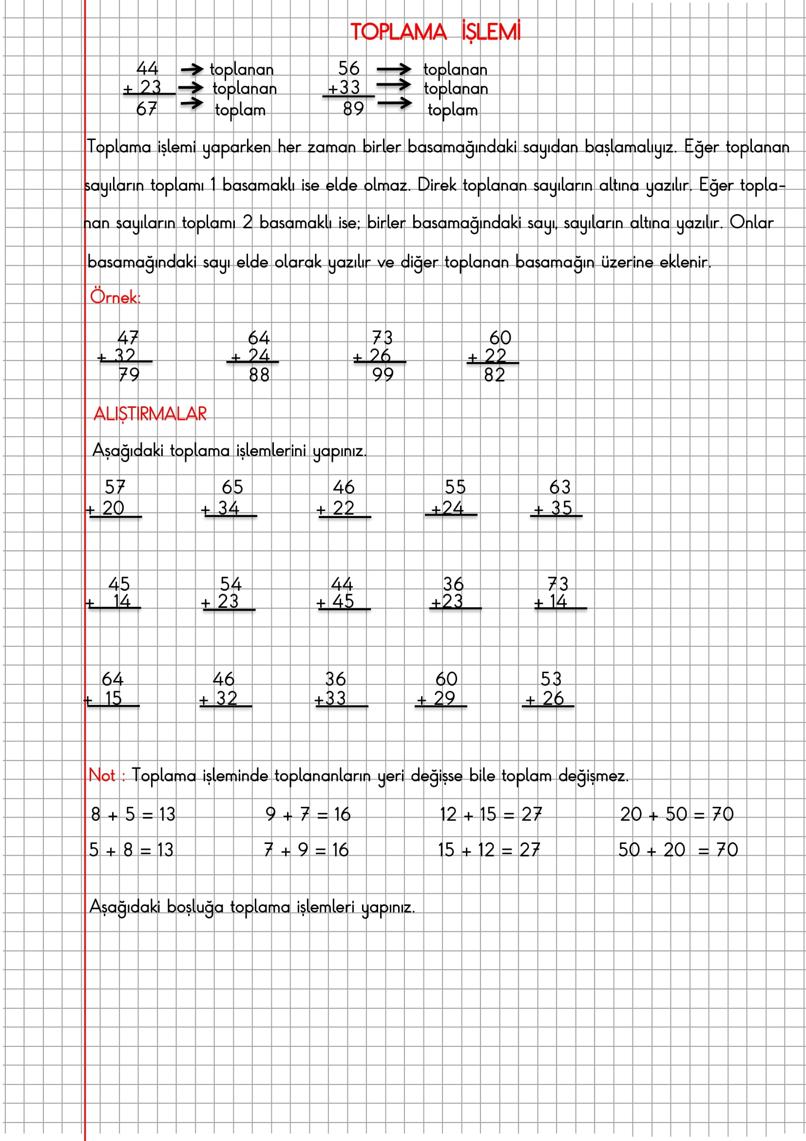 2. Sınıf Matematik Kareli Defterde Toplama İşlemi Konu Anlatımı