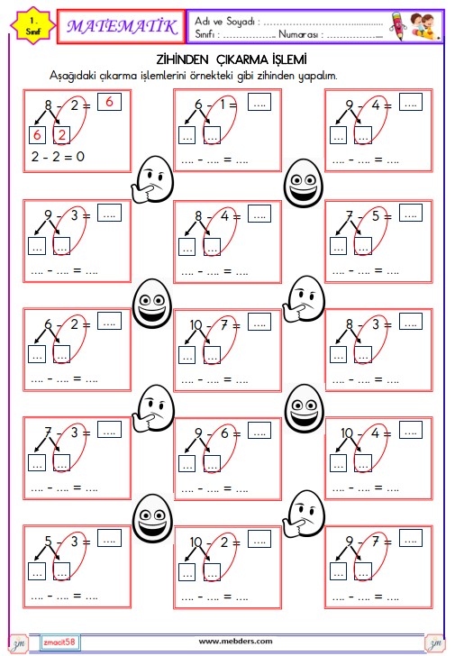 1. Sınıf Matematik Zihinden Çıkarma İşlemi Etkinliği 14