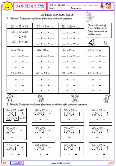 2. Sınıf Matematik Zihinden Toplama İşlemi Etkinliği 2