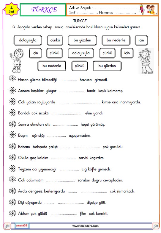2. Sınıf Türkçe Sebep Sonuç Cümleleri Etkinliği